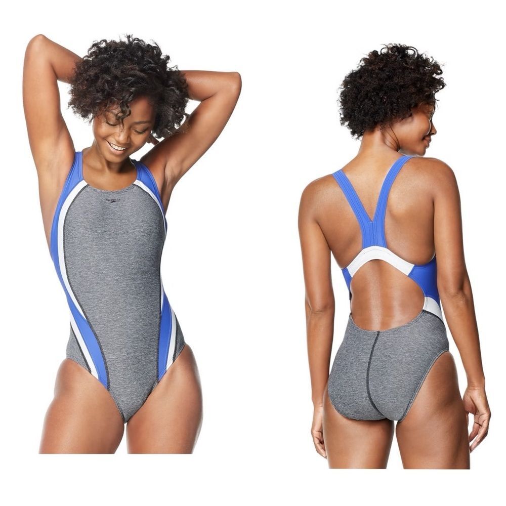 Speedo Active Quantum Fusion Splice gray and aqua one piece swimsuit size 4 NWT
